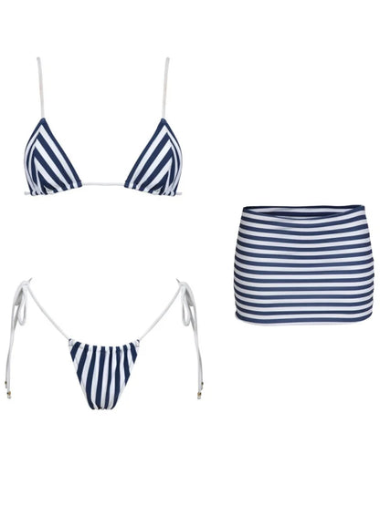Striped Three-Piece Triangle Bikini Set - Cover-Up Beachwear