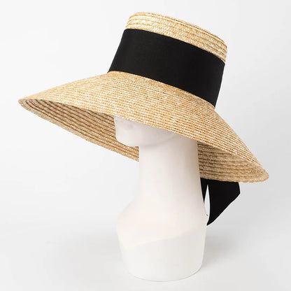 Bow Ribbon Flat-Top Straw Sun Hat - Vacation Style