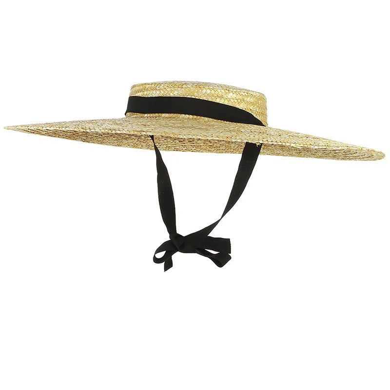 Handmade Flat-Top Straw Sun Hat - Ribbon Accent