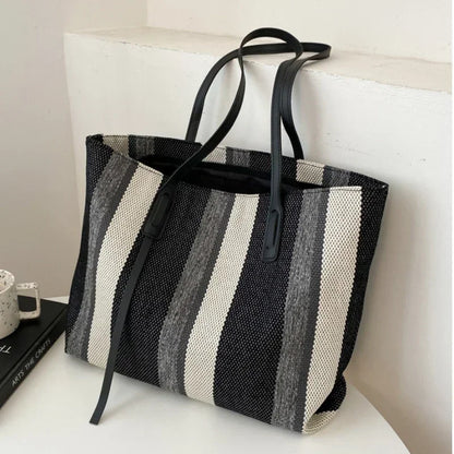 Striped Raffia Shopper Tote - Canvas Trim