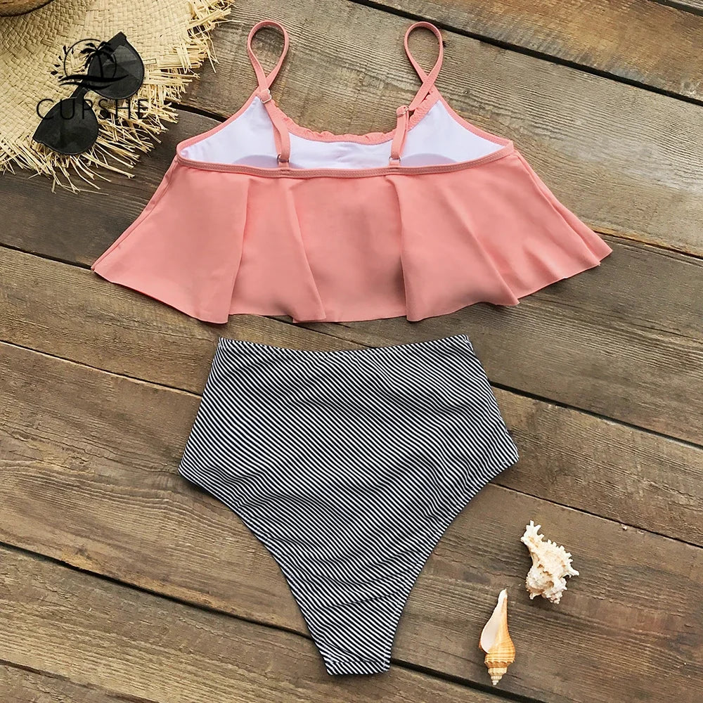 Pink Stripe High Waisted Bikini Set - Tank Top Swimwear