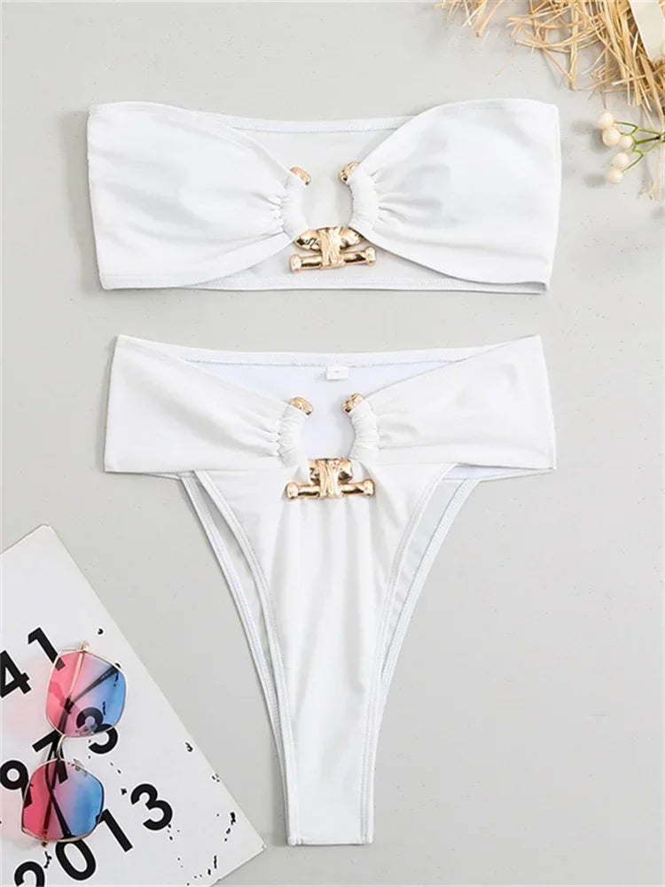 Metallic Accent High Waist Bikini Set - Bandeau Thong Swimwear