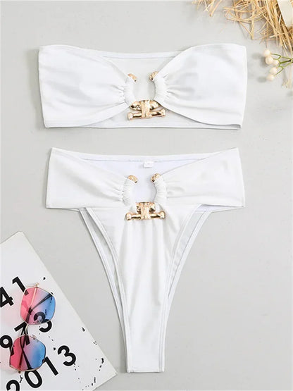 Metallic Accent High Waist Bikini Set - Bandeau Thong Swimwear