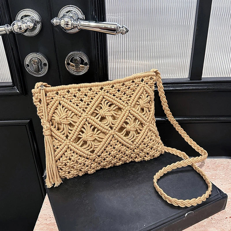 Woven Hollow-Out Straw Crossbody Bag - Tassel Detail