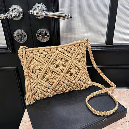 Woven Hollow-Out Straw Crossbody Bag - Tassel Detail