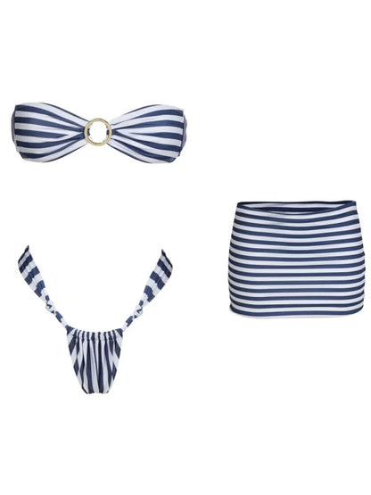 Striped Three-Piece Triangle Bikini Set - Cover-Up Beachwear