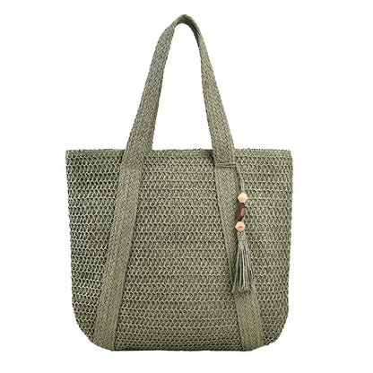 Bohemian Straw Weave Tote Bag - Tassel Accent