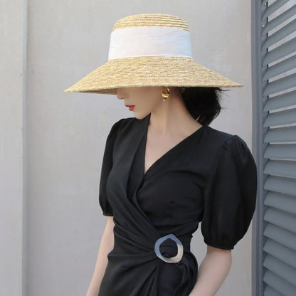 Bow Ribbon Flat-Top Straw Sun Hat - Vacation Style