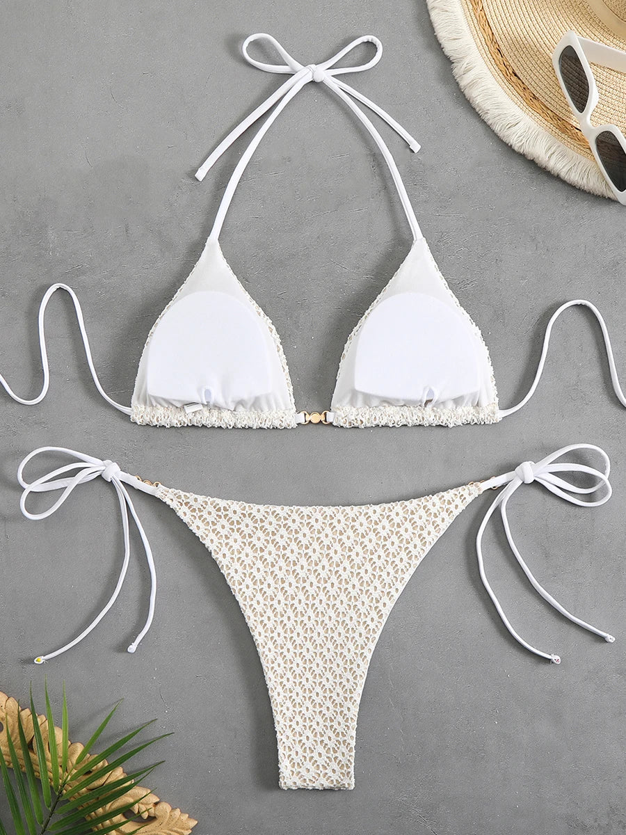 Chain Accent Micro Bikini Set - Lace Up Thong Swimwear