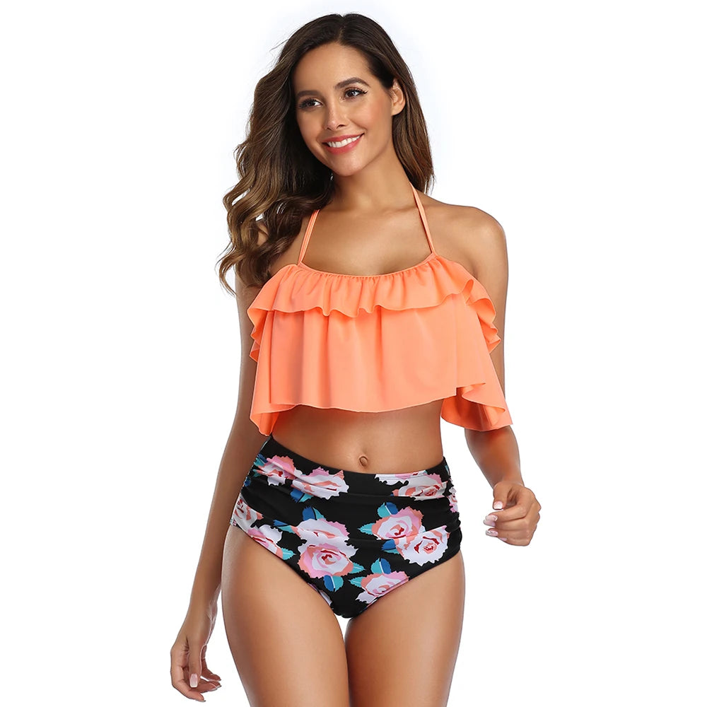 Ruffle High Waist Off Shoulder Bikini Set - Plus Size Swimwear