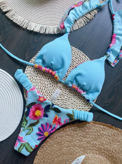 Handmade Embroidery Triangle Bikini Set - Brazilian Swimwear