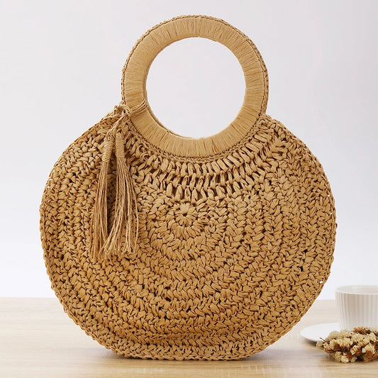 Large Capacity Rattan Straw Shopper Tote - Wood Handle