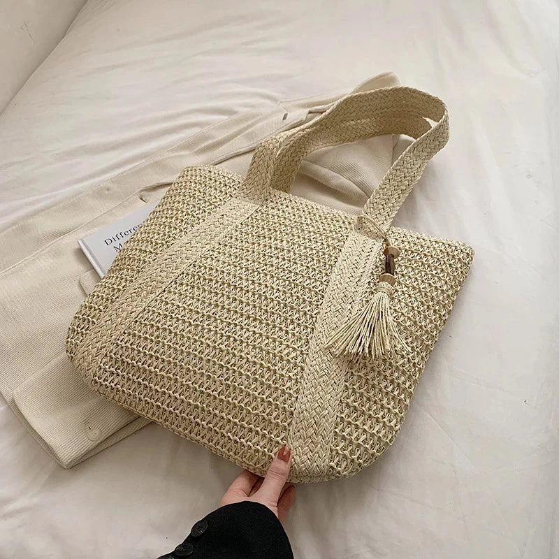 Bohemian Straw Weave Tote Bag - Tassel Accent