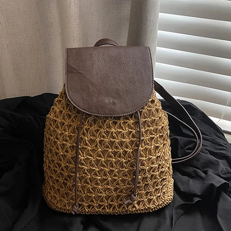Boho Woven Straw Backpack - Large Capacity