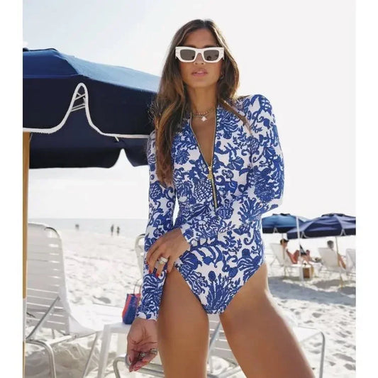 2024 Swimsuit Long Sleeve Zip Blue White One Piece  Swimwear Women  Vacation Beachwear Luxury Bathing Suit Bikini surfing suit