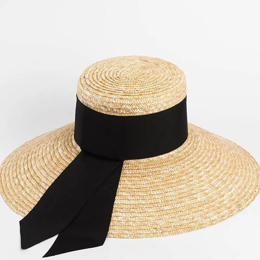 Bow Ribbon Flat-Top Straw Sun Hat - Vacation Style