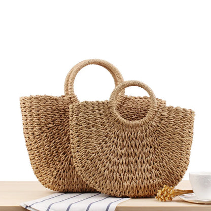 Handmade Moon-Shaped Straw Top Handle Bag