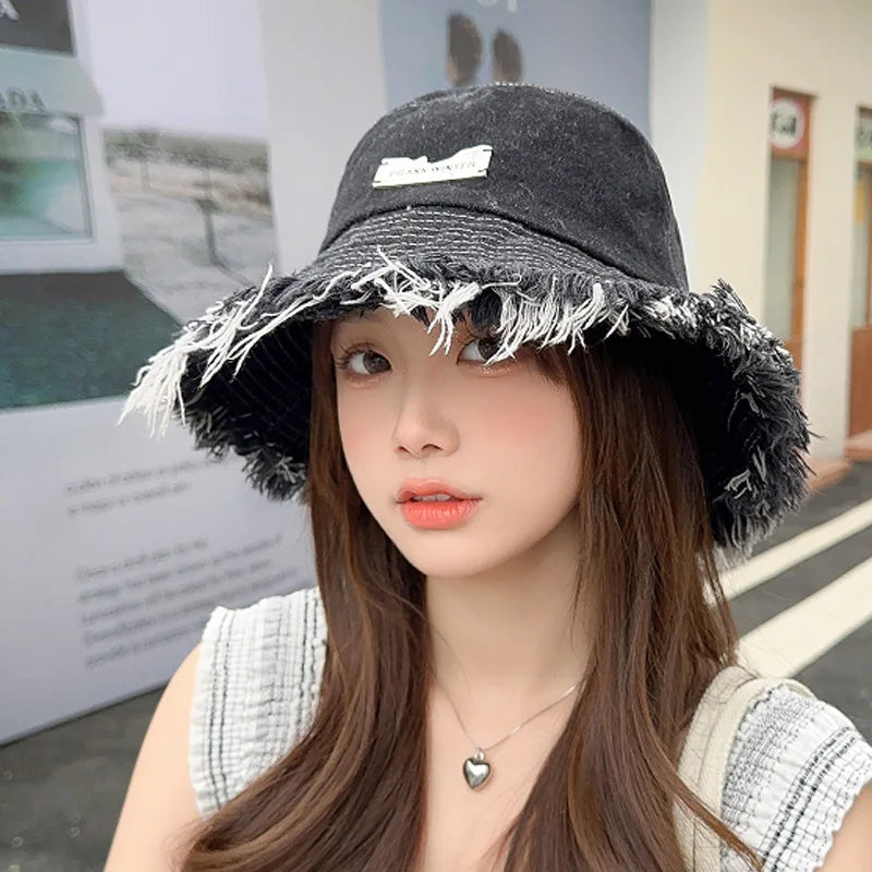 Washed Denim Bucket Hat - Tassel Edge Sun Hat
