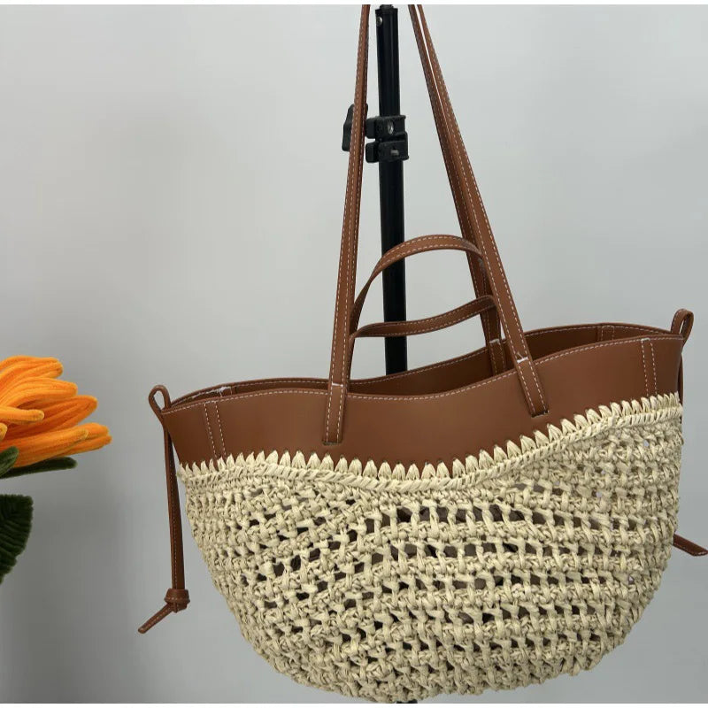 2-in-1 Woven Straw Shoulder Bag - Large Capacity