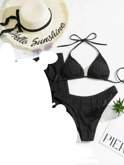 Jacquard Drawstring Bikini Set - Textured Two Piece Swimwear
