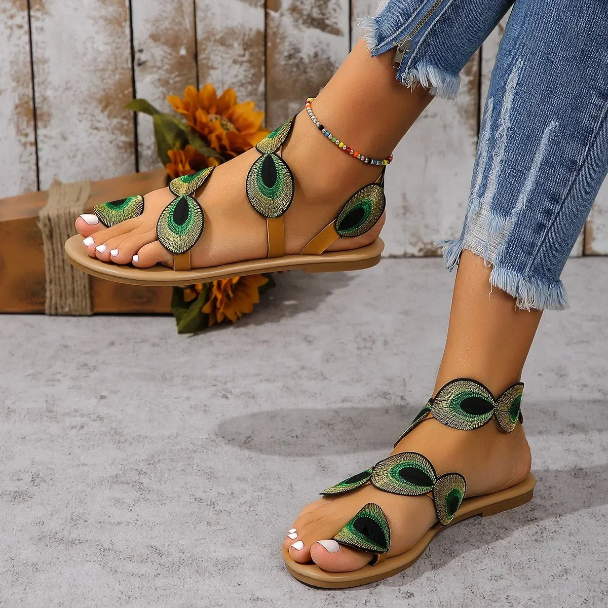 Embroidered Faux Flower Flat Sandals - Beach Comfort