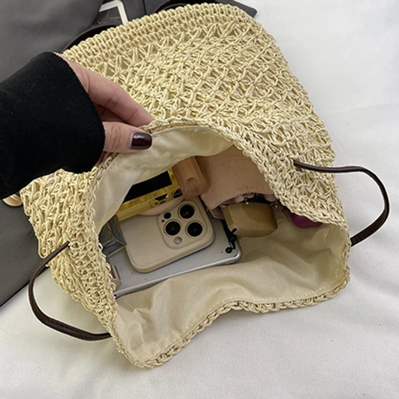 Boho Woven Straw Backpack - Large Capacity