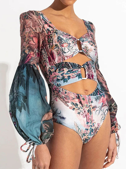 Retro Print Long Sleeve One-Piece Swimsuit - Strappy Monokini