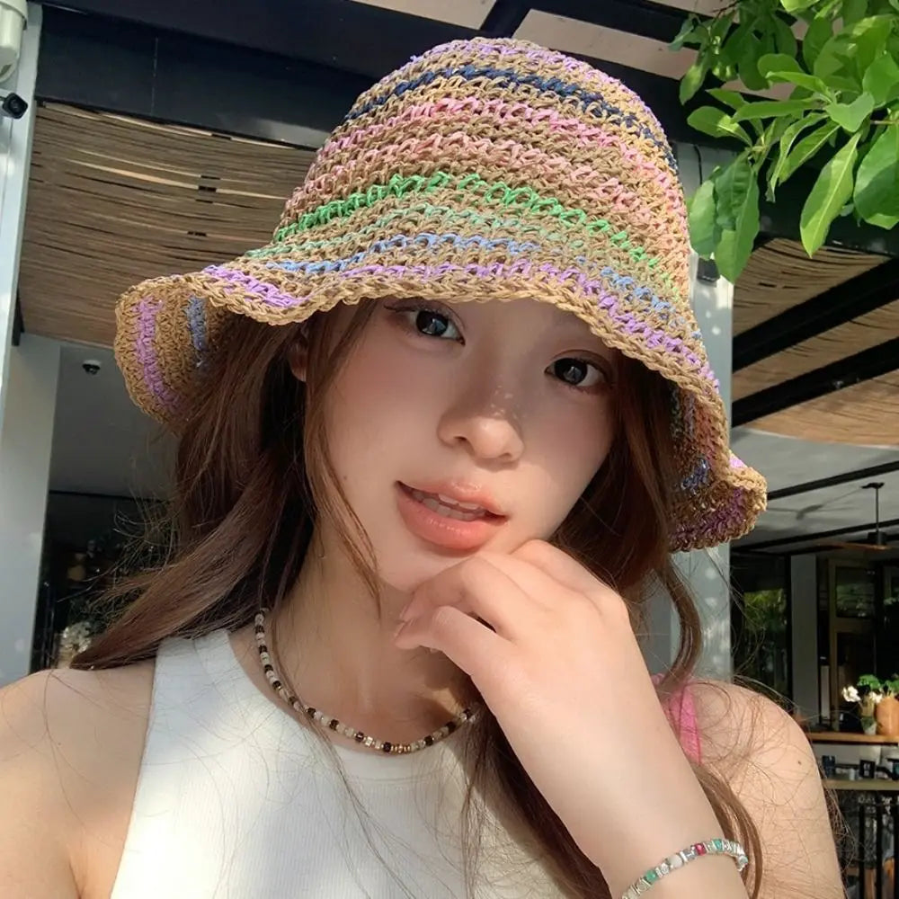 Handmade Rainbow Striped Straw Sun Hat