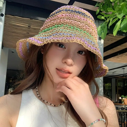 Handmade Rainbow Striped Straw Sun Hat