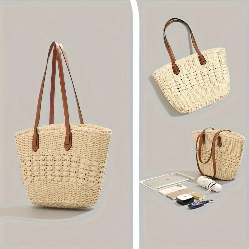 Bohemian Straw Basket Shoulder Bag - Large Capacity