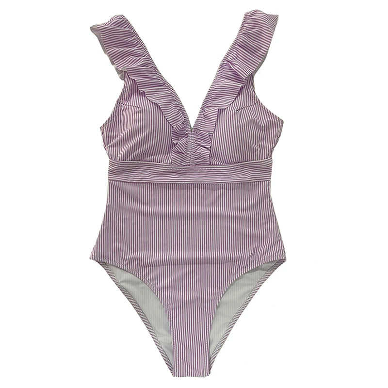 Vintage Striped Ruffle One-Piece Swimsuit