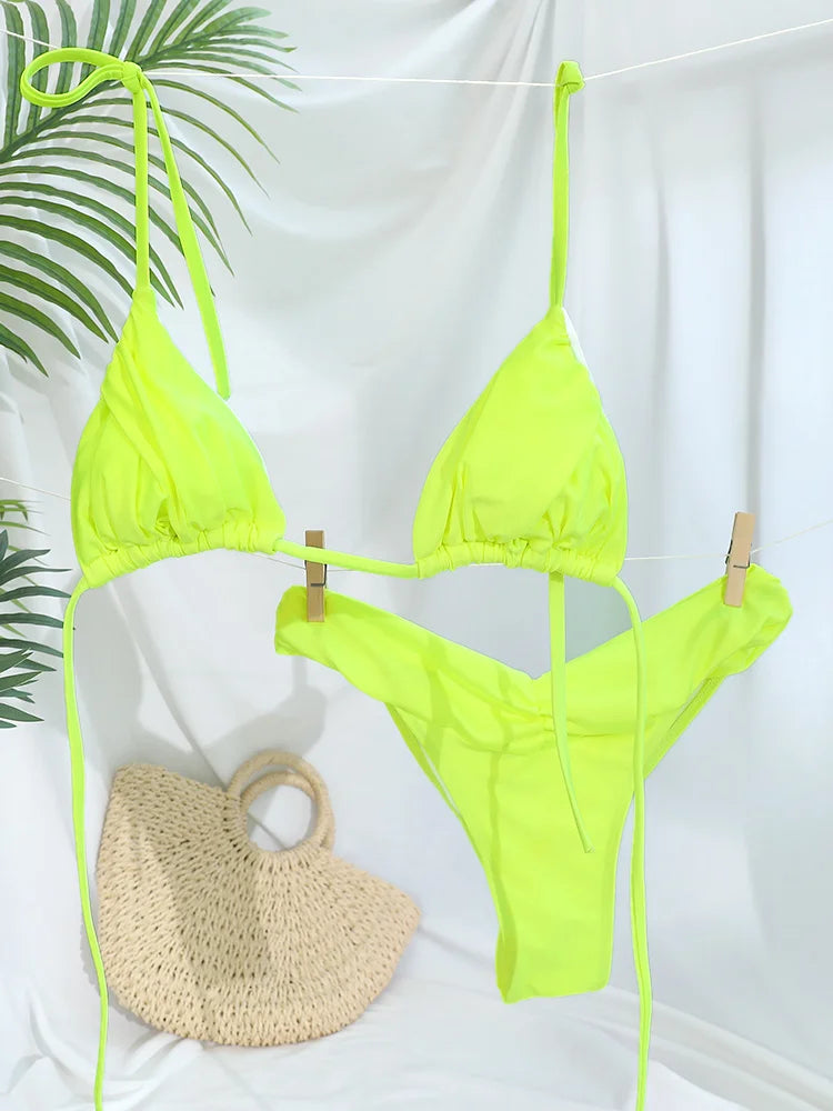 Solid Triangle Bandage Bikini Set - Low Rise Swimwear