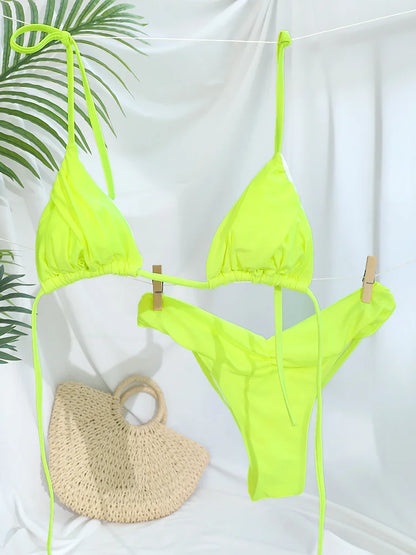 Solid Triangle Bandage Bikini Set - Low Rise Swimwear