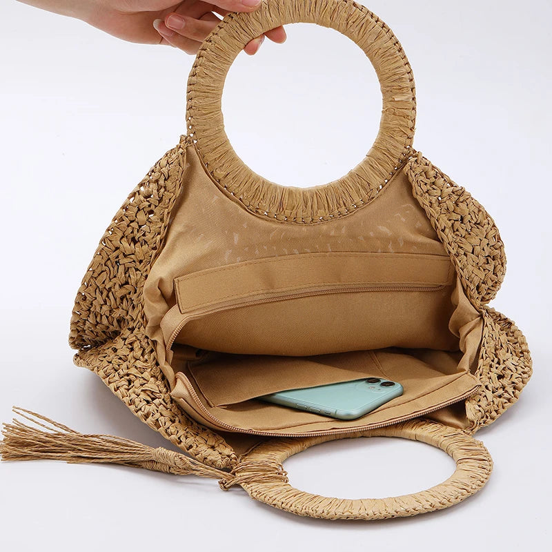 Large Capacity Rattan Straw Shopper Tote - Wood Handle