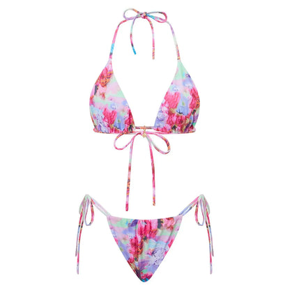 Floral Halter Tie-Up Bikini Set - Y2K Backless Swimwear