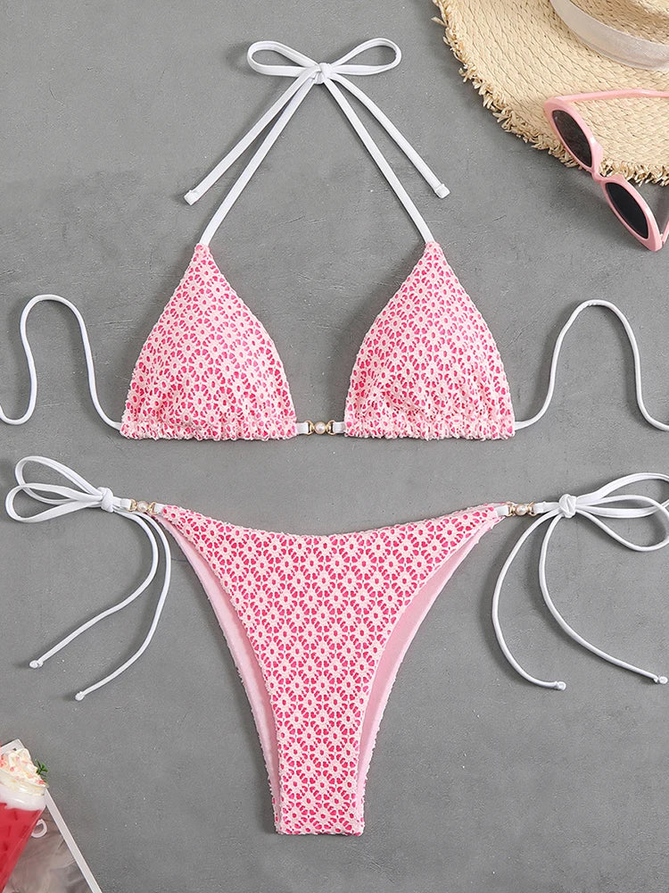Chain Accent Micro Bikini Set - Lace Up Thong Swimwear