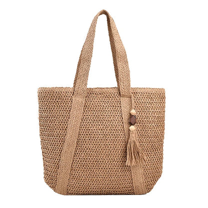 Bohemian Straw Weave Tote Bag - Tassel Accent