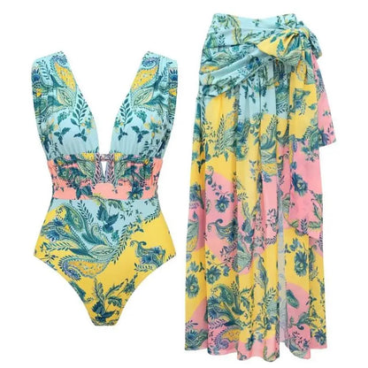 Printed One-Piece Swimsuit with Skirt - Vintage V-Neck Beachwear