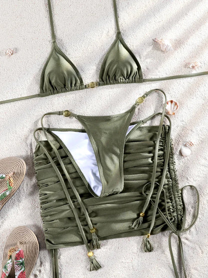 Striped Three-Piece Triangle Bikini Set - Cover-Up Beachwear