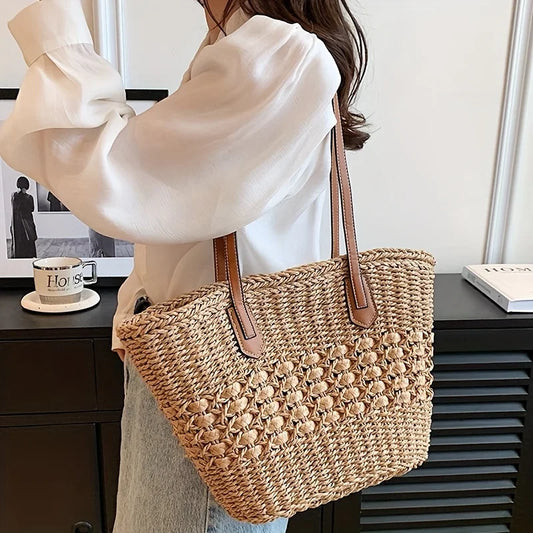 Bohemian Straw Basket Shoulder Bag - Large Capacity