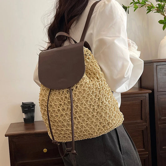 Boho Woven Straw Backpack - Large Capacity