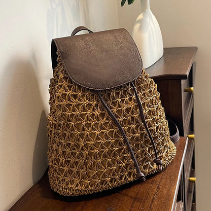 Boho Woven Straw Backpack - Large Capacity