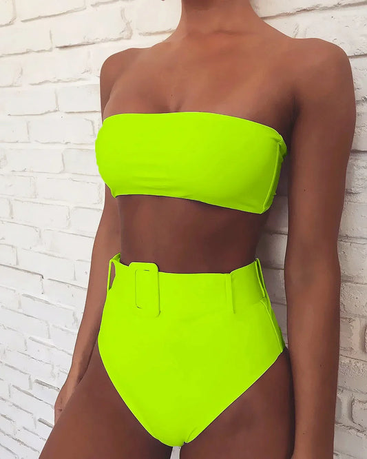 Solid Bandeau High Waist Bikini Set - Push Up Swimwear