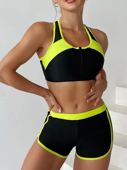 Sport Zip Front Bikini Set with Swim Shorts - Two Piece Swimwear
