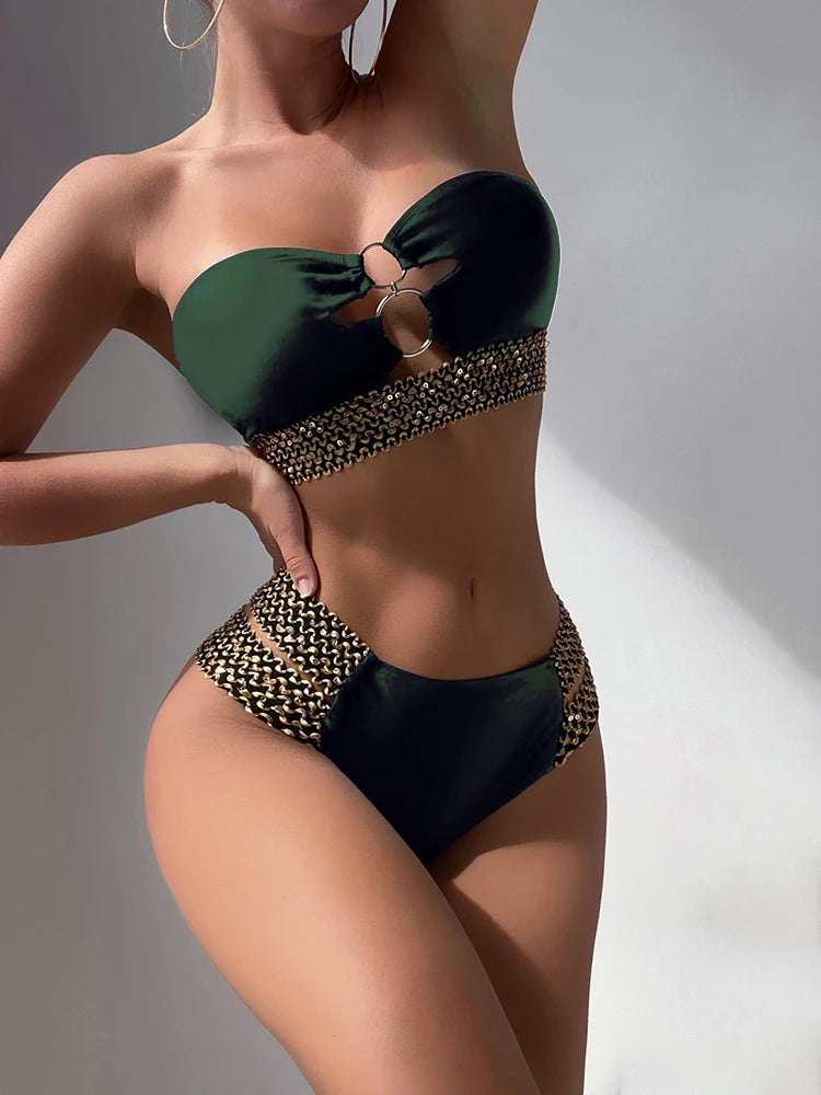 Strapless Bandeau Bikini Set with Belt Detail - Two Piece Swimwear