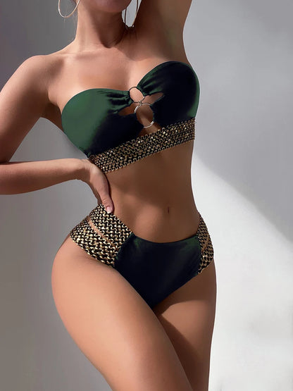 Strapless Bandeau Bikini Set with Belt Detail - Two Piece Swimwear