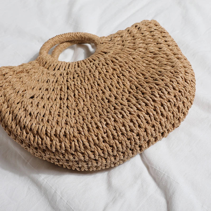 Handmade Moon-Shaped Straw Top Handle Bag