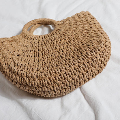 Handmade Moon-Shaped Straw Top Handle Bag