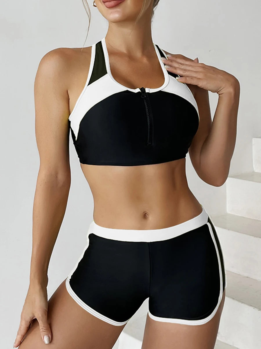 Sport Zip Front Bikini Set with Swim Shorts - Two Piece Swimwear