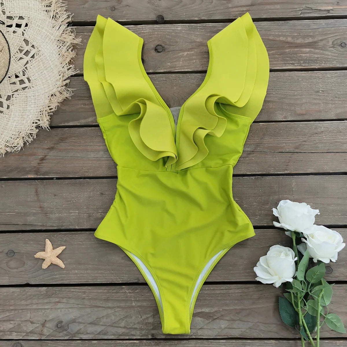 Floral Ruffle Deep V One-Piece Swimsuit - Porcelain Print Beachwear